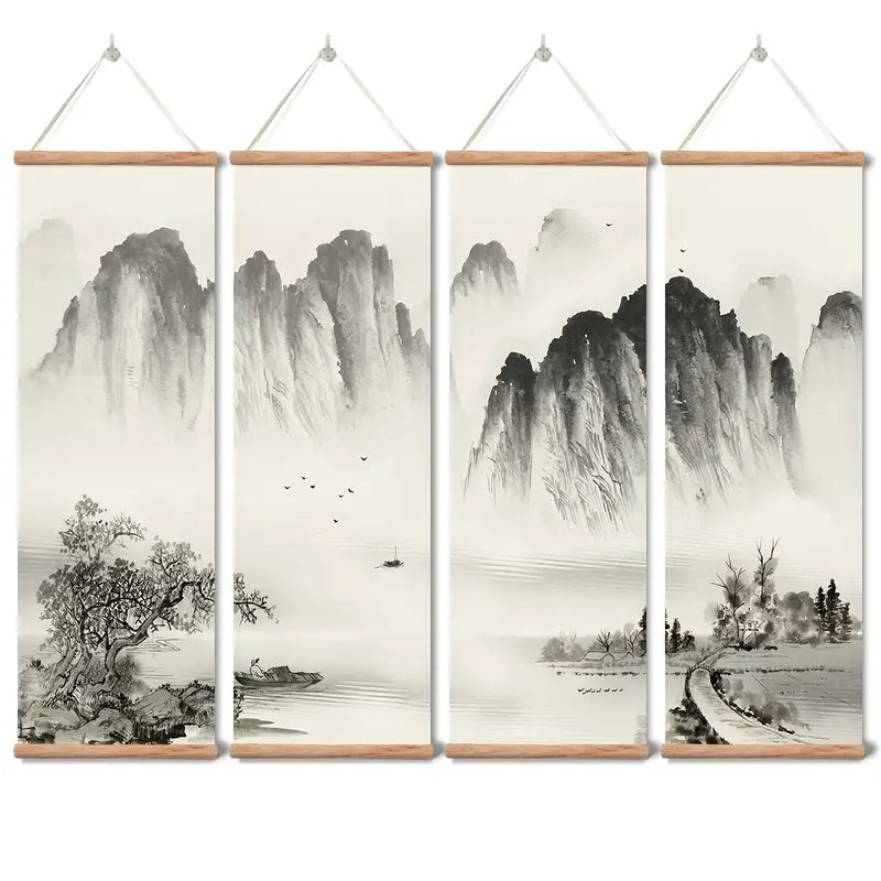 4-Piece Set Black and White Landscape Oil Paintings